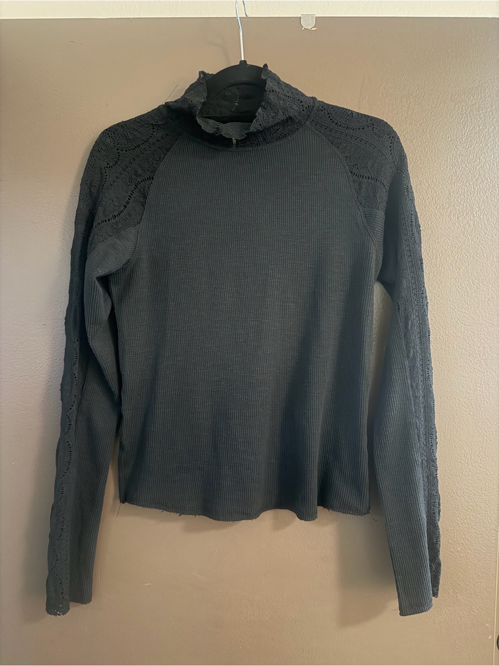 Free People Black Lace-Trim Mock Neck Top size L